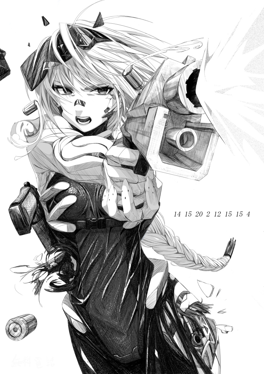 1girl android broken crack cracked_skin damaged firing greyscale gun handgun hatching_(texture) highres holding holding_weapon holster holstered_weapon long_hair mecha mechanical_parts monochrome number open_mouth original savuxan science_fiction shell_casing simple_background solo teeth weapon white_background