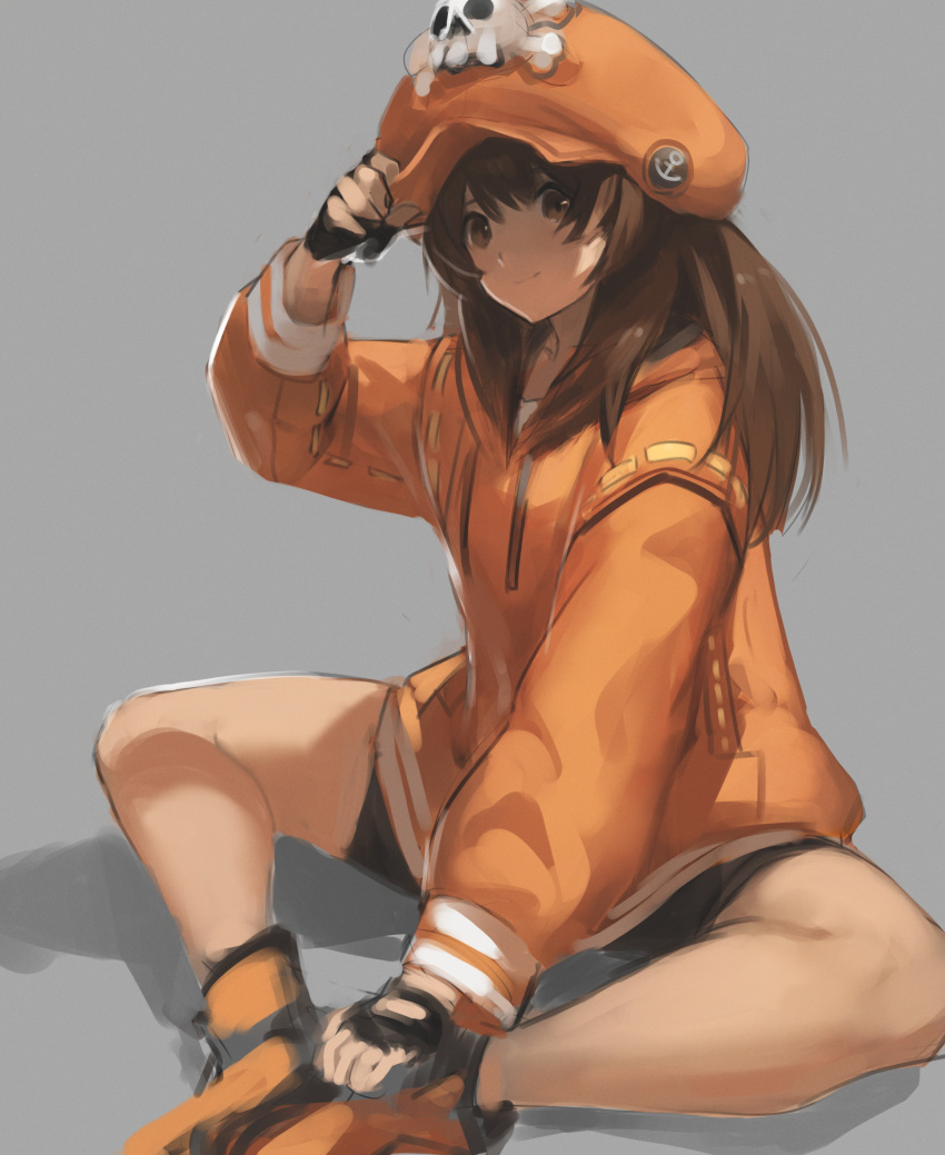 1girl absurdres bangs black_gloves brown_eyes brown_hair closed_mouth fingerless_gloves gloves grey_background guilty_gear guilty_gear_strive hara_shoutarou hat highres hood hood_down hoodie huge_filesize long_hair looking_at_viewer may_(guilty_gear) orange_footwear orange_headwear orange_hoodie simple_background sitting sketch smile solo