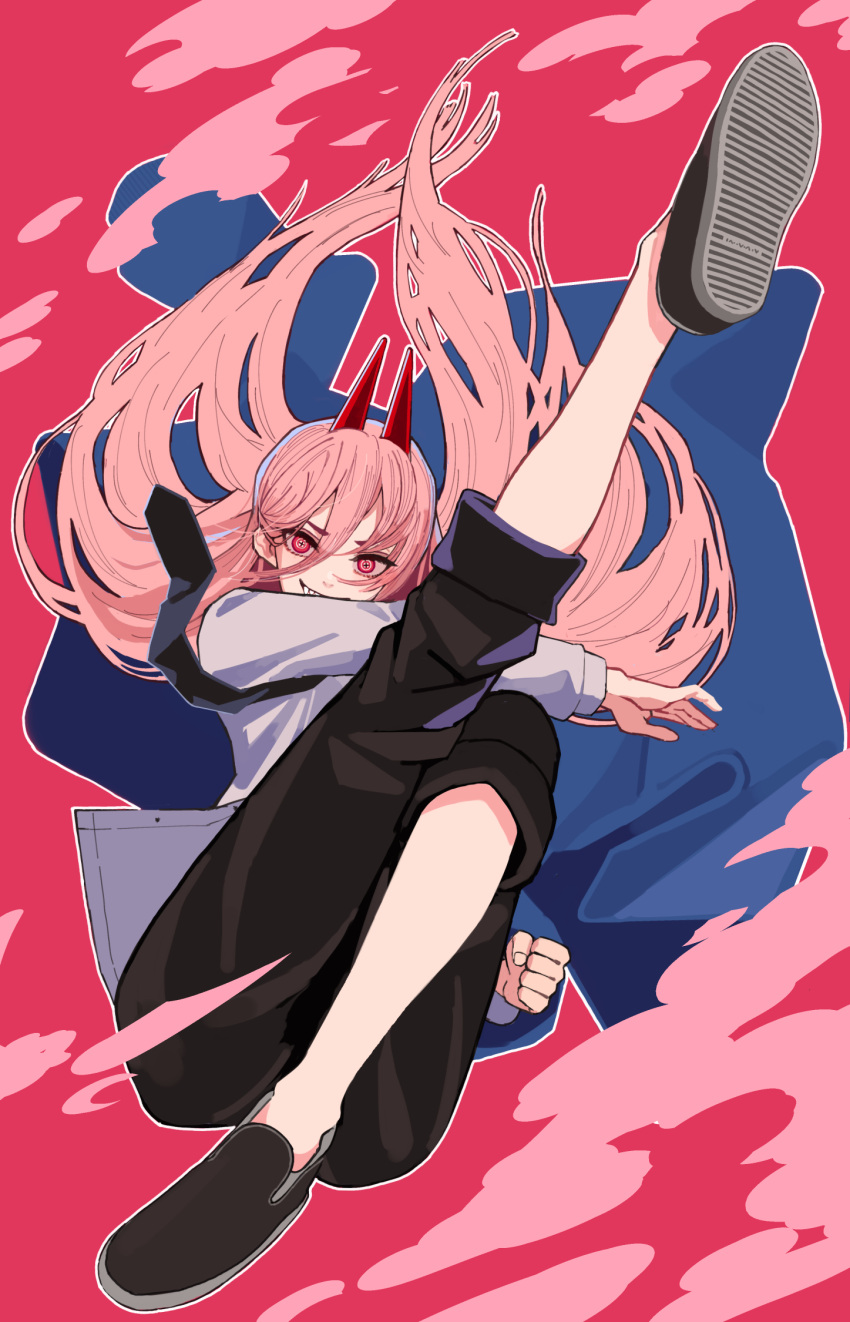 1girl black_footwear black_neckwear black_pants chainsaw_man crosshair_pupils demon_horns full_body grey_shirt hair_between_eyes highres horns long_hair long_sleeves necktie outline pants pink_hair power_(chainsaw_man) red_background red_eyes red_horns sharp_teeth shirt shoes solo teeth white_outline window1228