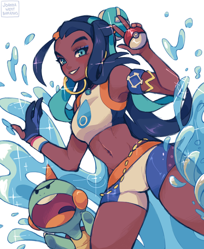 1girl armlet belly_chain bike_shorts black_hair blue_eyes blue_hair chewtle cowboy_shot dark_skin dark-skinned_female earrings gen_8_pokemon gloves highres holding holding_poke_ball hoop_earrings jewelry jojowentbananas long_hair looking_at_viewer midriff multicolored_hair navel nessa_(pokemon) poke_ball poke_ball_(basic) pokemon pokemon_(creature) pokemon_(game) pokemon_swsh single_glove solo swimsuit tankini two-tone_hair water