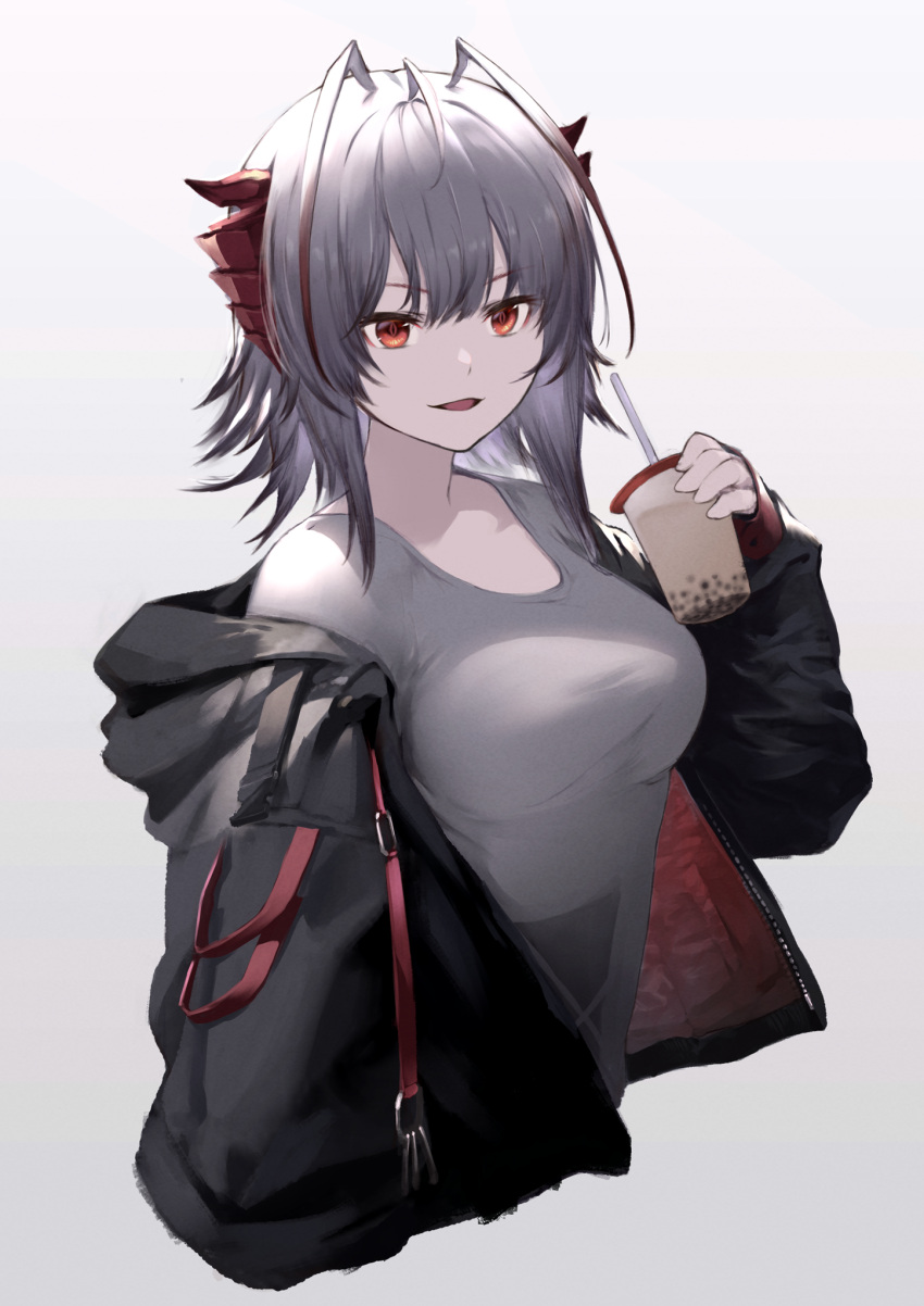 1girl ahoge aizawa_masaya arknights ass breasts bubble_tea cup demon_horns hair_between_eyes highres holding holding_cup horns looking_at_viewer medium_breasts open_mouth red_eyes short_hair simple_background smile strap sweater undressing upper_body w_(arknights) white_hair