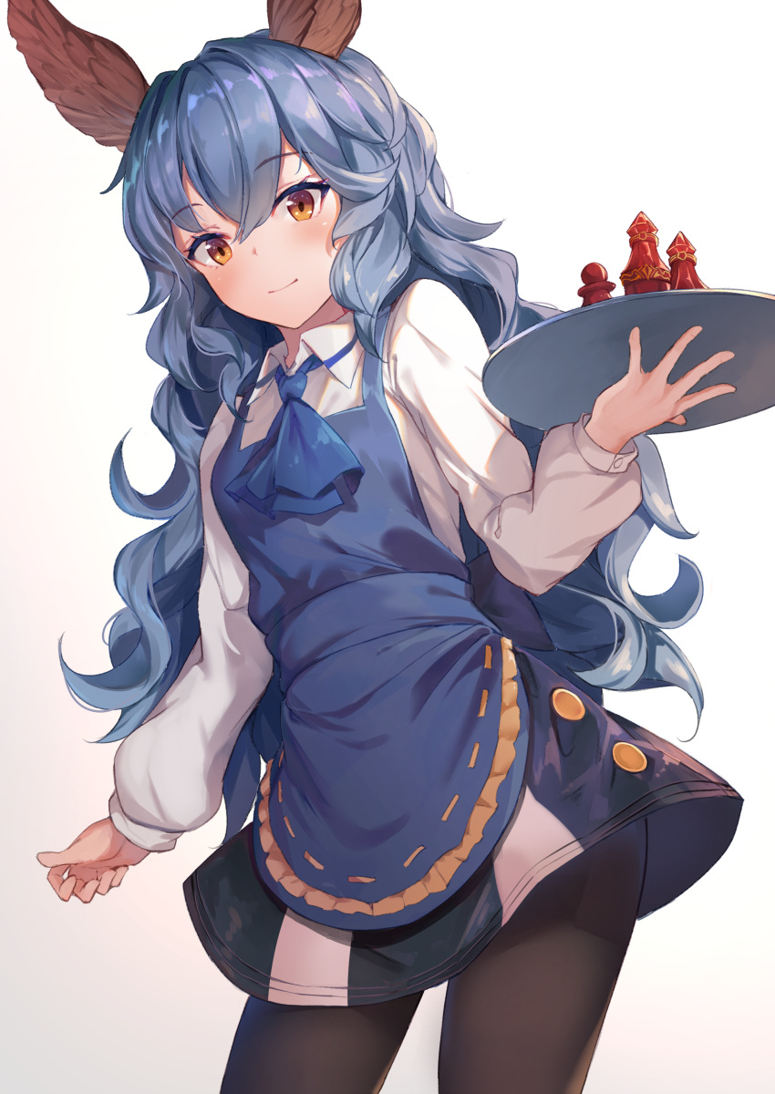 1girl absurdres animal_ears apron ascot bangs black_legwear blue_apron blue_dress blue_hair blue_neckwear blush breasts closed_mouth collared_shirt contrapposto cowboy_shot dress dutch_angle eyebrows_visible_through_hair ferry_(granblue_fantasy) from_below granblue_fantasy hair_between_eyes highres holding holding_tray isaya_(pixiv4541633) long_hair long_sleeves looking_ahead orange_eyes pantyhose puffy_sleeves shirt simple_background small_breasts smile solo standing tray very_long_hair wavy_hair white_background white_shirt