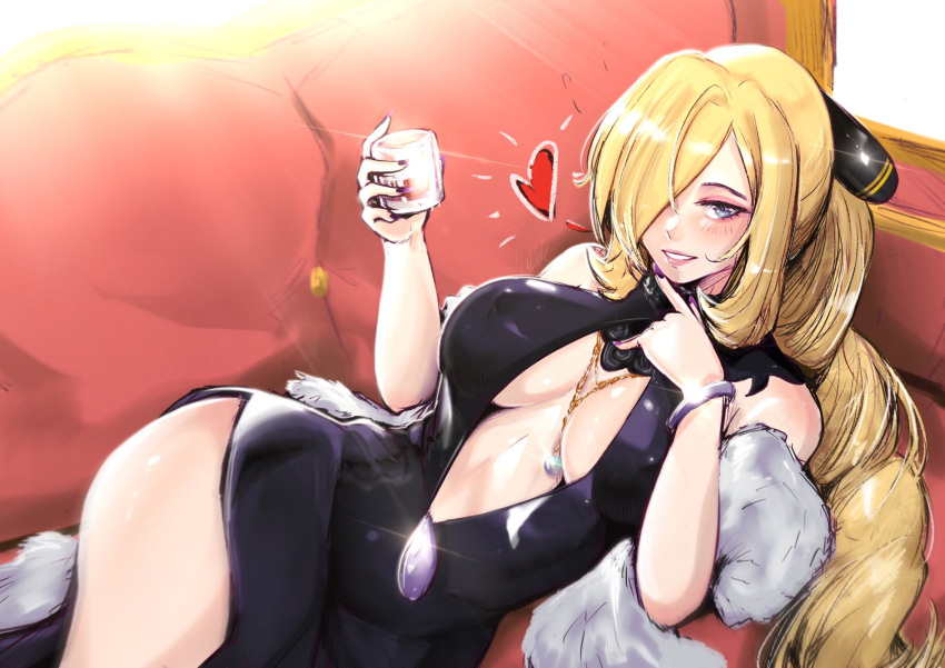 1girl alternate_costume alternate_hairstyle bare_shoulders black_dress blonde_hair blue_eyes blush bracelet breasts center_opening commentary couch covered_nipples cup cynthia_(pokemon) dress drink english_commentary evening_gown feather_boa formal fur_trim hair_ornament hair_over_one_eye heart highres holding holding_cup holding_drink jewelry large_breasts lips long_hair looking_at_viewer lying nail nail_polish necklace open_mouth parted_lips pokemon pokemon_(game) pokemon_dppt purple_nails smile solo teeth vialnite