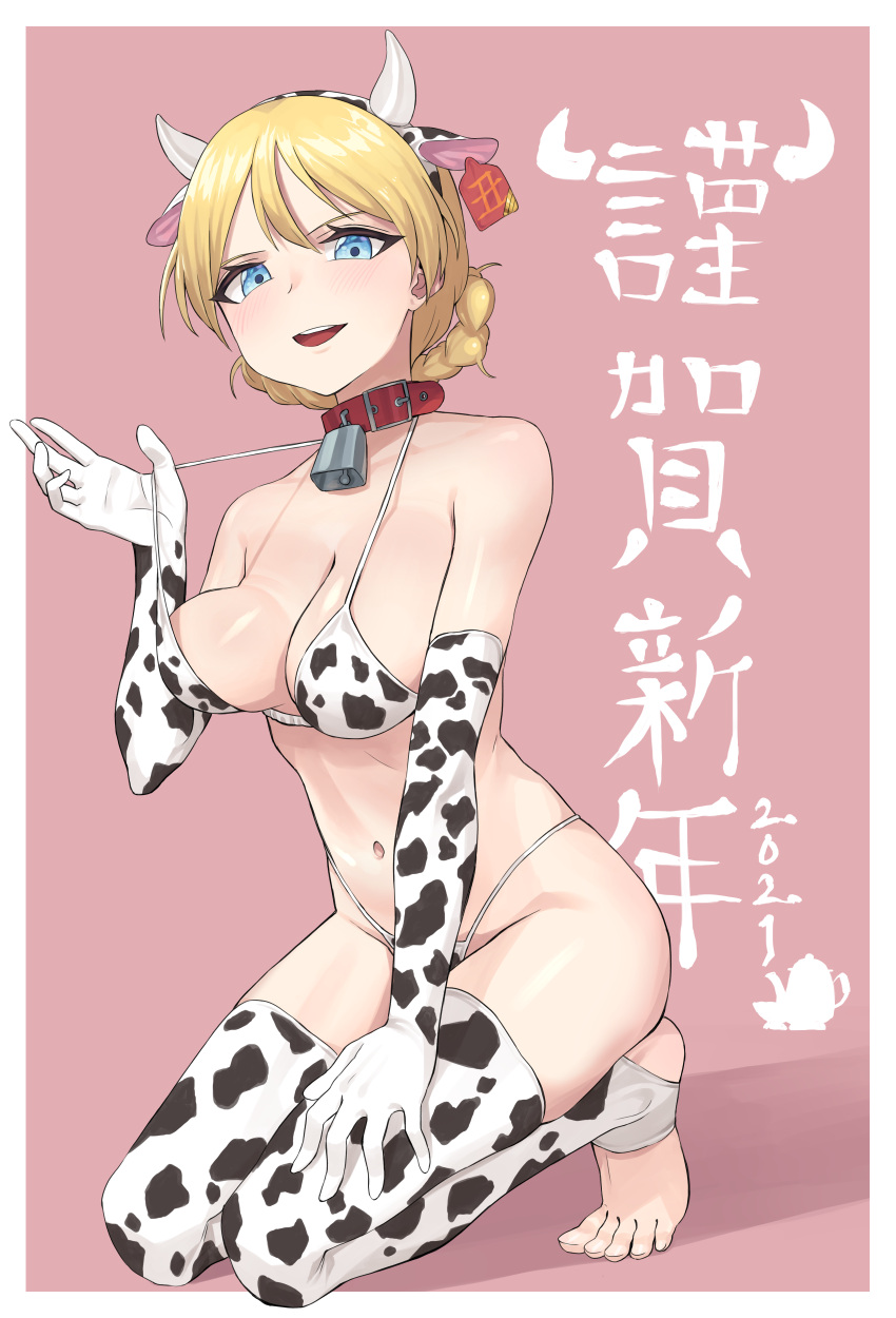 1girl absurdres animal_costume animal_ears animal_print bikini blonde_hair blue_eyes bow bow_bikini braid collar cow_costume cow_ears cow_girl cow_horns cow_print darjeeling_(girls_und_panzer) ear_tag feet girls_und_panzer gogongzid happy_new_year highres horns new_year short_hair swimsuit tied_hair toes twin_braids white_legwear