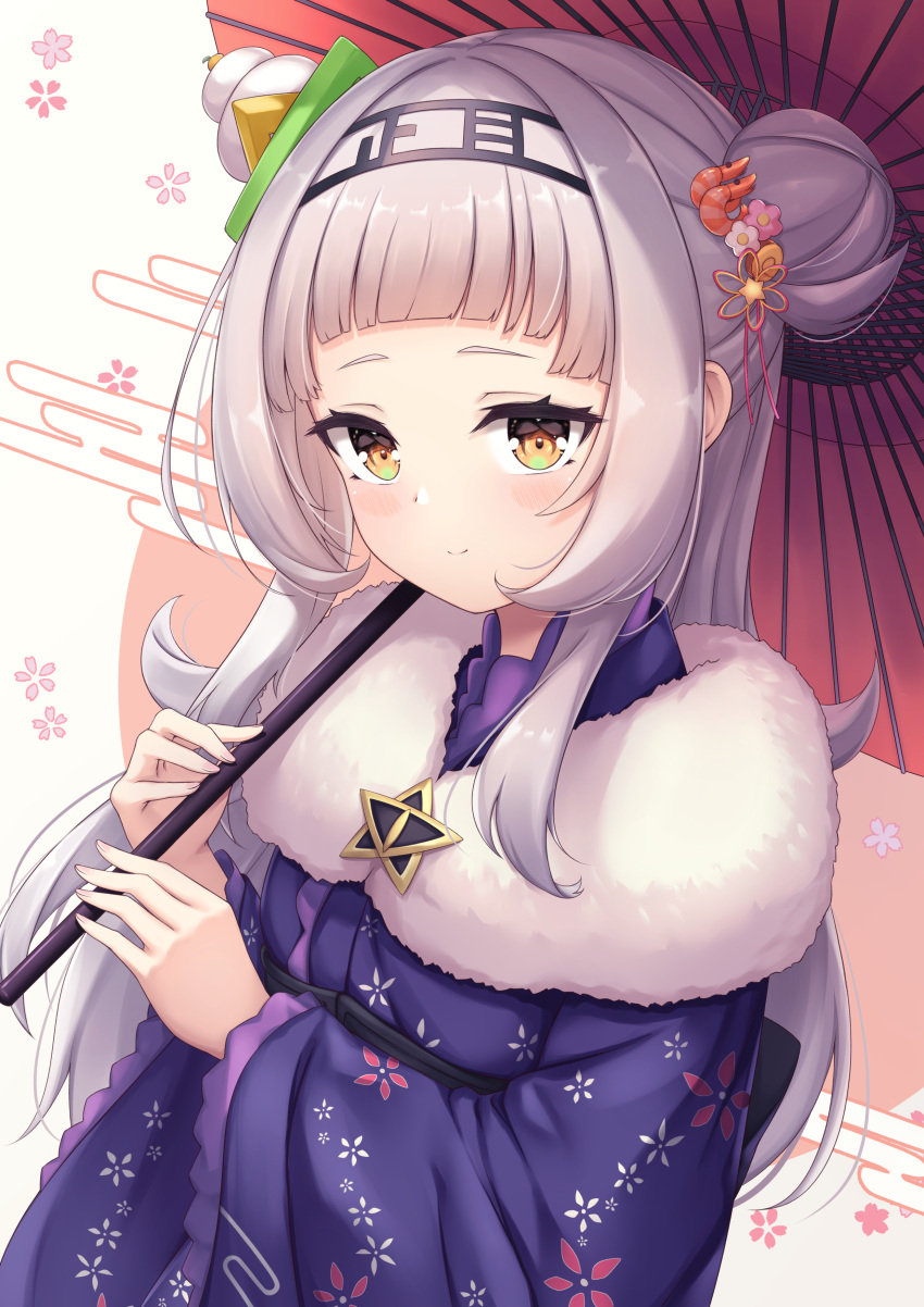 1girl absurdres arata_(xin) bangs black_hairband blue_kimono blush brown_eyes closed_mouth commentary egasumi floral_background floral_print flower fur_collar grey_hair hair_bun hair_flower hair_ornament hairband hands_up highres holding holding_umbrella hololive japanese_clothes kimono long_hair long_sleeves looking_at_viewer murasaki_shion new_year oil-paper_umbrella pink_flower print_kimono side_bun smile solo umbrella very_long_hair virtual_youtuber white_background white_flower wide_sleeves yellow_flower