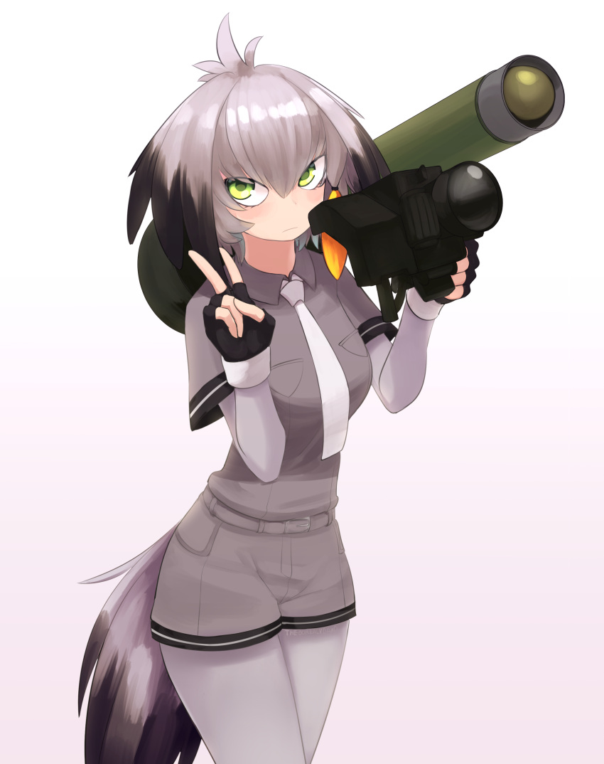 1girl absurdres belt black_gloves blush breast_pocket closed_mouth cowboy_shot fingerless_gloves gloves green_eyes grey_hair grey_legwear grey_shirt grey_shorts highres kemono_friends looking_at_viewer m1_bazooka multicolored_hair necktie pantyhose pocket rocket_launcher shirt shoebill_(kemono_friends) short_sleeves shorts simple_background solo tail v weapon white_background white_neckwear yoako