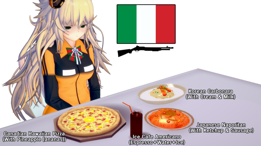 1girl blonde_hair carbonara_(food) coffee cup disappointed drinking_glass drinking_straw english_text espresso_(drink) fabarm_sat-8 food fruit girls_frontline highres ice ice_cube italian_flag italian_flag_neckwear ketchup ntka pasta pineapple pizza plate s.a.t.8_(girls_frontline) sausage solo spaghetti