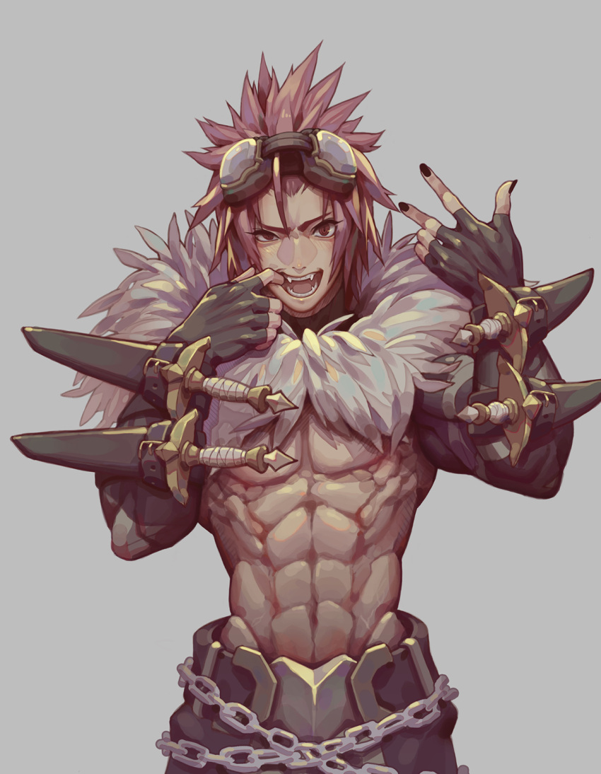 1boy abs bare_pecs black_gloves black_nails black_sleeves chain commentary dagger eyes_visible_through_hair fangs fingerless_gloves fingernails fur_collar gloves goggles goggles_on_head grey_background highres jokerpang looking_at_viewer male_focus mouth_pull open_mouth pink_hair ragnarok_online red_eyes shadow_chaser_(ragnarok_online) sheath short_hair simple_background solo spiky_hair toned toned_male uneven_eyes upper_body weapon