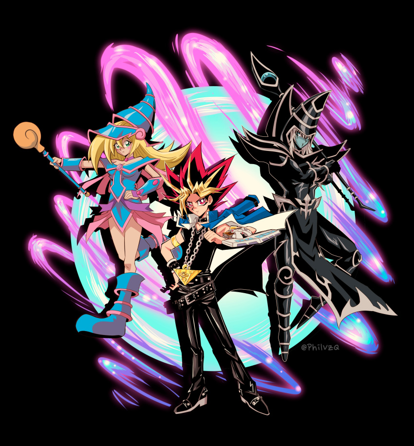 1girl 2boys absurdres belt belt_collar black_footwear black_hair black_pants black_shirt blonde_hair blue_jacket card chain closed_mouth collar collarbone commentary dark_magician dark_magician_girl duel_disk duel_monster energy hand_on_hip hand_up highres jacket jewelry millennium_puzzle multicolored_hair multiple_boys necklace pants phil_vzq shirt shoes spiky_hair yami_yuugi yu-gi-oh!