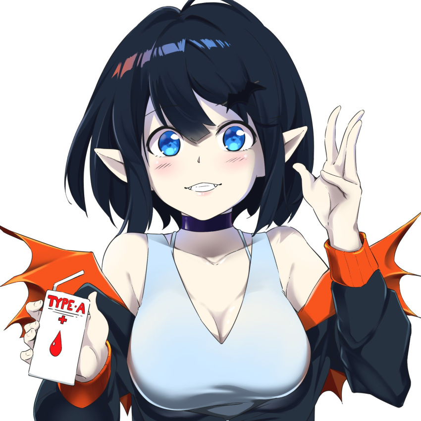1girl bare_shoulders black_hair blood_type blue_eyes bra_strap breasts character_request collarbone copyright_request drink highres holding holding_drink jewelry looking_at_viewer medium_breasts mofumancy neck_ring off_shoulder pointy_ears solo sweatshirt tank_top vampire white_background