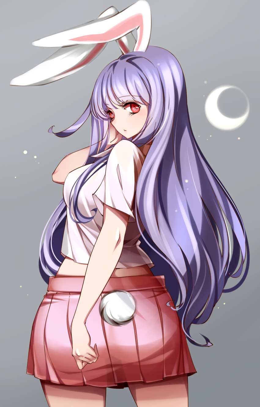 1girl absurdres ass bangs breasts bunny_tail cowboy_shot eyebrows_visible_through_hair from_behind grey_background hand_in_hair hand_up highres large_breasts long_hair looking_at_viewer looking_back parted_lips pink_skirt pleated_skirt purple_hair raptor7 red_eyes reisen_udongein_inaba shirt short_sleeves simple_background skirt solo standing symbol_commentary tail touhou very_long_hair white_shirt