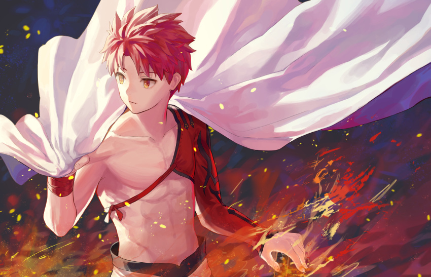 1boy 7aehyun bangs cape embers emiya_shirou fate/grand_order fate_(series) fire hand_rest holding holding_cape igote limited/zero_over looking_to_the_side male_focus orange_eyes redhead sengo_muramasa_(fate) solo toned toned_male upper_body wind wristband