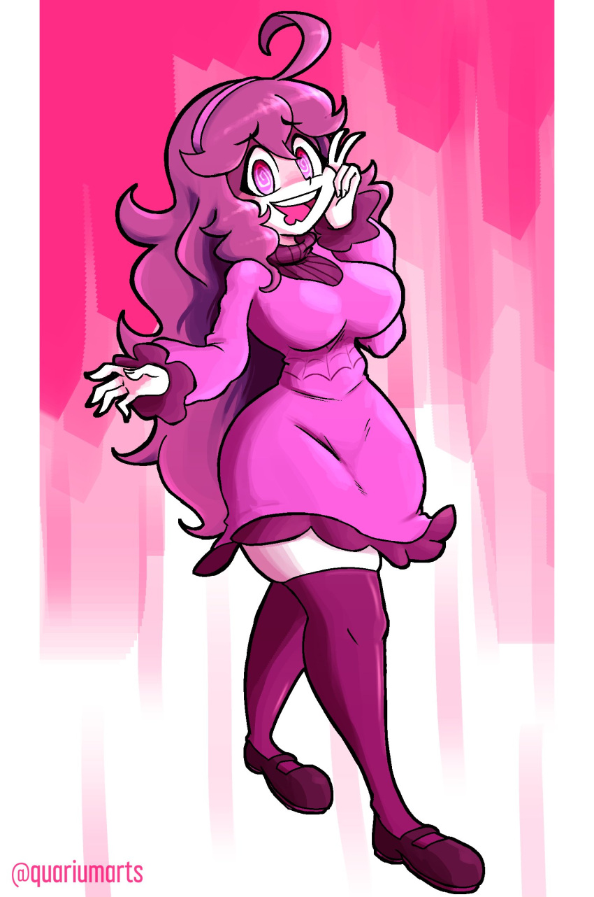 1girl ahoge breasts dress drooling eyebrows_visible_through_hair full_body hairband hex_maniac_(pokemon) highres large_breasts limited_palette long_hair long_sleeves open_mouth pink_dress pink_eyes pink_hair pink_legwear pokemon pokemon_(game) pokemon_xy quariumarts red_footwear shaded_face smile solo spiral_eyes thigh-highs turtleneck twitter_username v very_long_hair watermark