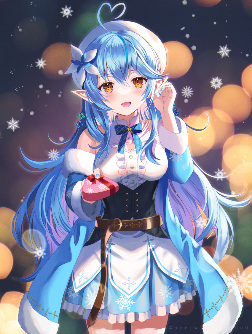 1girl :d ahoge bangs belt blue_bow blue_bowtie blue_coat blue_hair blue_nails blue_skirt blush bow bowtie box breasts brown_belt brown_eyes coat commentary_request corset cowboy_shot elf eyebrows_visible_through_hair flower frilled_skirt frills fur-trimmed_coat fur_trim gift gift_box hair_between_eyes hair_flower hair_ornament hand_up hc_(razel1) heart-shaped_box heart_ahoge highres holding holding_gift hololive long_hair long_sleeves looking_at_viewer medium_breasts multicolored_hair nail_polish off_shoulder open_clothes open_coat pointy_ears shirt skirt sleeveless sleeveless_shirt smile snowflake_print snowflakes solo standing streaked_hair very_long_hair virtual_youtuber white_flower white_shirt yukihana_lamy