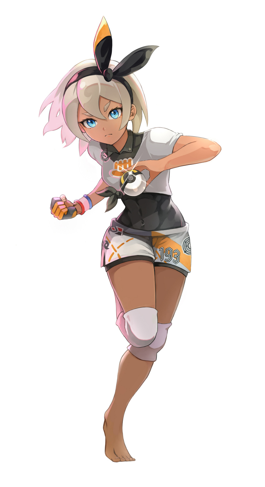 1girl absurdres bangs barefoot bea_(pokemon) black_bodysuit black_hairband bodysuit bodysuit_under_clothes bow_hairband clenched_hand closed_mouth collared_shirt commentary covered_navel dark_skin dark-skinned_female dynamax_band full_body glint gloves gym_leader hair_between_eyes hairband highres holding holding_poke_ball knee_pads looking_at_viewer number okken partially_fingerless_gloves poke_ball pokemon pokemon_(game) pokemon_swsh print_shirt print_shorts shirt short_sleeves shorts side_slit side_slit_shorts single_glove solo standing standing_on_one_leg tied_shirt toes ultra_ball