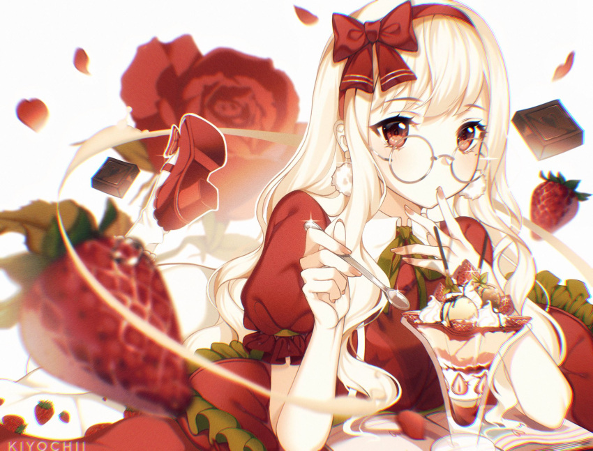 1girl artist_name book bow chocolate commission dress earrings feet_up finger_to_mouth fingernails food fruit glasses grey-framed_eyewear hairband highres holding holding_spoon jewelry kiyochii legs_up long_hair looking_at_viewer lying on_stomach open_book original pale_skin parfait pumps red_bow red_dress red_eyes red_footwear red_hairband red_theme round_eyewear solo spoon strawberry strawberry_parfait watermark whipped_cream white_hair