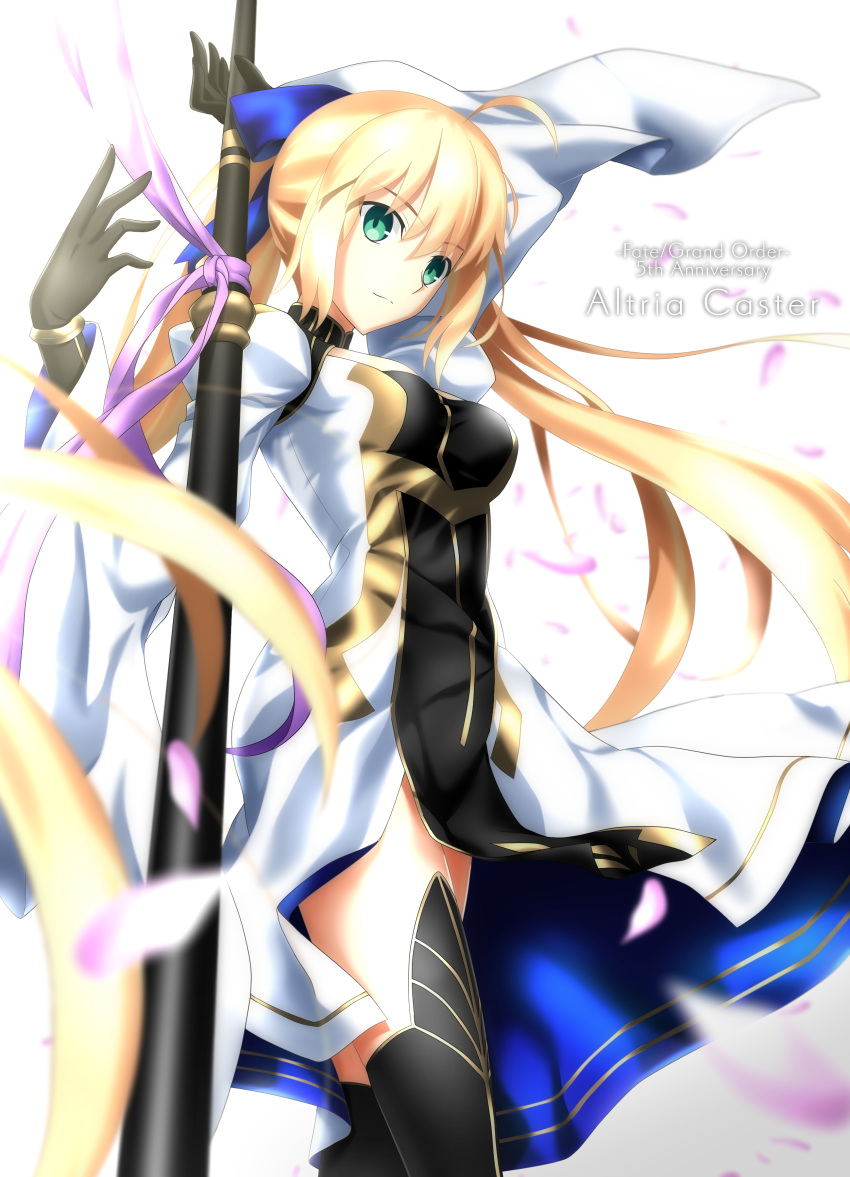 1girl absurdres artoria_pendragon_(all) artoria_pendragon_(caster) blonde_hair blue_ribbon breasts character_name elbow_gloves fate_(series) foo_(pixiv54892036) gloves green_eyes hair_between_eyes hair_ribbon highres long_hair looking_at_viewer medium_breasts petals ribbon solo staff thigh-highs twitter_username very_long_hair white_background wide-eyed