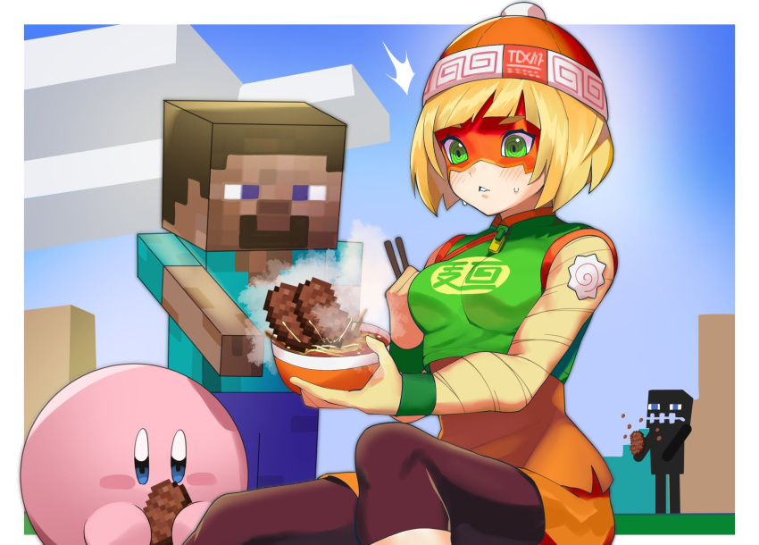 1boy 1girl arms_(game) beanie block blonde_hair blush dish domino_mask eyebrows_visible_through_mask food full_body hat highres katwo knit_hat mask meat min_min_(arms) minecraft noodles ramen short_hair shorts steve_(minecraft) super_smash_bros.