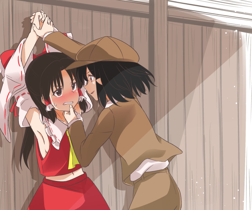 2girls against_wall animemania1106 armpits arms_up assertive_female black_eyes black_hair blush bow brown_headwear brown_jacket cabbie_hat chin_grab clenched_teeth commentary_request detached_sleeves eye_contact face-to-face hair_bow hair_tubes hakurei_reimu hand_on_another's_chin hands_together hat highres jacket long_hair looking_at_another midriff multiple_girls pointy_ears restrained ribbon-trimmed_sleeves ribbon_trim shameimaru_aya suit_jacket sweat teeth touhou wall_slam wrist_grab