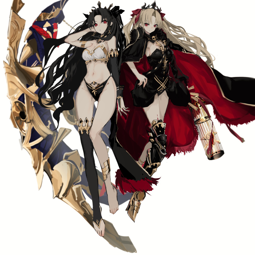 2girls anklet bare_shoulders barefoot black_hair blonde_hair boots cage cape earrings elbow_gloves ereshkigal_(fate/grand_order) fate/grand_order fate_(series) fur_collar fur_trim gloves hand_on_hip heavenly_boat_maanna high_heel_boots high_heels highres hoop_earrings ishtar_(fate)_(all) ishtar_(fate/grand_order) jewelry long_hair looking_at_viewer multiple_girls narue open_clothes red_eyes revealing_clothes siblings single_elbow_glove single_thighhigh sisters skull sleeveless thigh-highs tiara