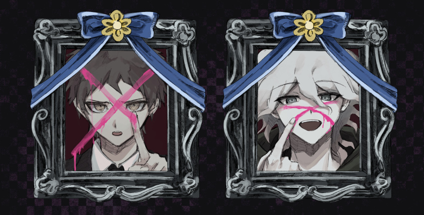 2boys :d absurdres aji_kosugi black_hair black_jacket blood blood_on_face brown_hair collared_shirt commentary_request cross dangan_ronpa_(series) dangan_ronpa_2:_goodbye_despair dangan_ronpa_3_(anime) eyebrows_visible_through_hair face framed grey_hair hair_between_eyes highres hinata_hajime hood hood_down iei jacket komaeda_nagito looking_at_viewer male_focus multiple_boys open_mouth photo_(object) pink_blood ribbon shirt short_hair smile spoilers upper_teeth