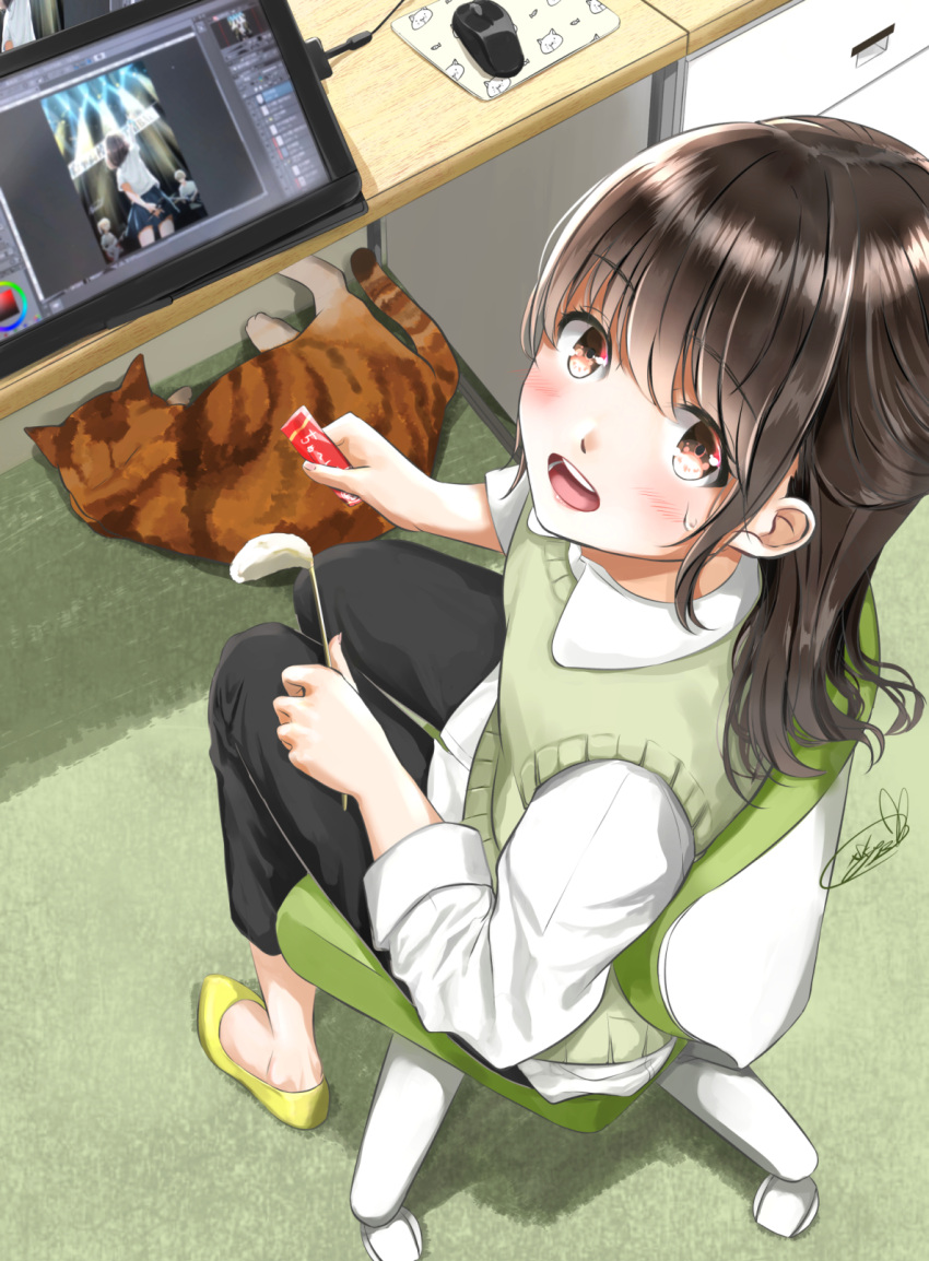 1girl bangs black_hair black_pants brown_eyes capri_pants carpet cat cat_teaser chair commentary_request desk drawing_tablet eyebrows_visible_through_hair from_above half_updo highres long_hair long_sleeves looking_at_viewer looking_up mouse mousepad_(object) office_chair open_mouth original pants shirt signature slippers solo soragane_(banisinngurei) sweatdrop sweater_vest upper_teeth white_shirt yellow_footwear