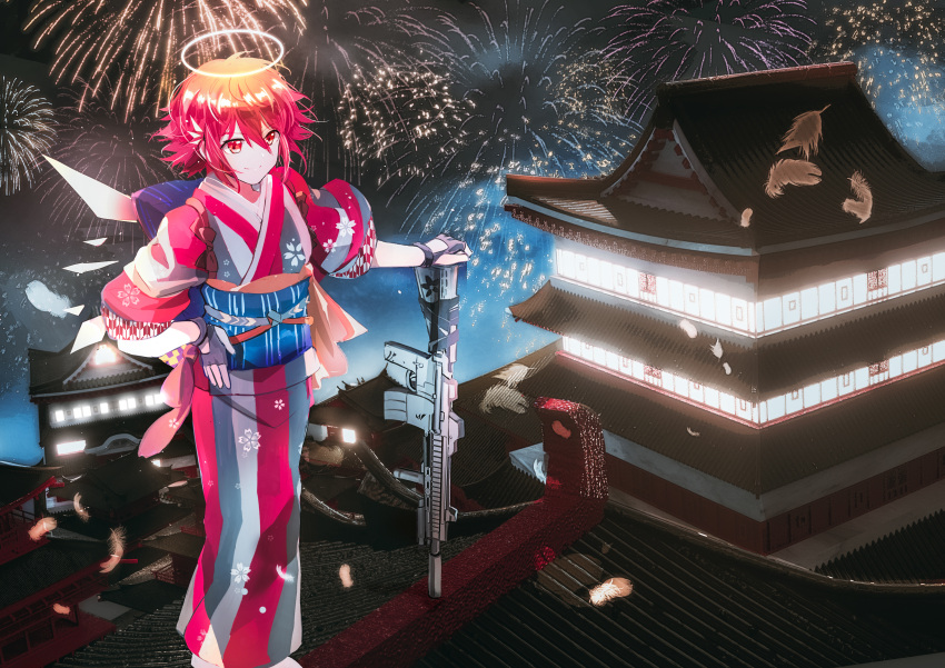 1girl absurdres acog arknights assault_rifle building commentary_request energy_wings exusiai_(arknights) fingerless_gloves fireworks gloves gun halo highres japanese_clothes kimono night partial_commentary rifle rooftop seymour solo weapon