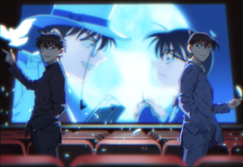 2boys animal bird black_hair black_jacket black_pants blazer blue_eyes blue_jacket blue_pants bow brown_hair child commentary_request dual_persona edogawa_conan eye_contact falling_petals full_moon gakuran glowing glowing_bird green_eyes grin hair_between_eyes hand_in_pocket hat indoors jacket k_gear_labo kaitou_kid kudou_shin'ichi kuroba_kaito long_sleeves looking_at_another looking_at_viewer magic_kaito male_focus meitantei_conan monocle moon movie_theater multiple_boys multiple_views pants petals red_bow school_uniform screen seat short_hair smile standing teeth teitan_high_school_uniform top_hat white_headwear