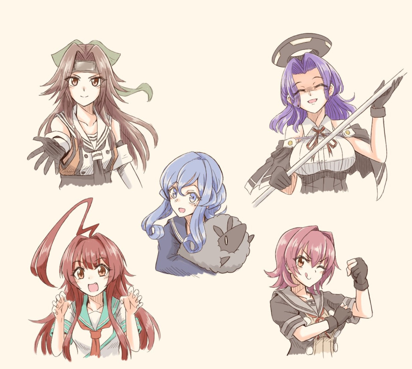 5girls :q ahoge animal bangs black_gloves blue_hair bow breasts brown_hair capelet claw_pose clenched_hand closed_eyes cropped_torso elbow_gloves fang gloves gotland_(kantai_collection) hair_between_eyes hair_bow hair_bun headband holding holding_animal holding_weapon huge_ahoge jintsuu_(kantai_collection) kantai_collection kinu_(kantai_collection) kuma_(kantai_collection) large_breasts long_hair long_sleeves mechanical_halo mole mole_under_eye multiple_girls one_eye_closed open_mouth partially_fingerless_gloves polearm purple_hair redhead remodel_(kantai_collection) sailor_collar school_uniform serafuku shaded_face sheep short_hair short_sleeves sidelocks simple_background sleeveless smile suke_(share_koube) tatsuta_(kantai_collection) tongue tongue_out upper_body weapon yellow_background
