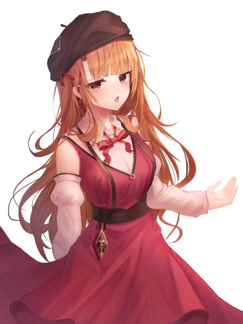 1girl absurdres akame bangs bare_shoulders beret blonde_hair blunt_bangs blush bow breasts brown_headwear collared_shirt commentary_request cowboy_shot detached_sleeves dress eyebrows_visible_through_hair hat highres jitome juliet_sleeves long_hair long_sleeves looking_at_viewer medium_breasts one_piece open_mouth orange_hair puffy_sleeves red_bow red_dress red_eyes red_neckwear runa_(user_guwn7382) shirt simple_background solo standing tsundere v-shaped_eyebrows very_long_hair white_background white_shirt white_sleeves