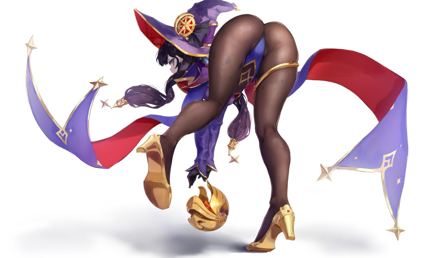 1girl ass bent_over black_gloves black_legwear commentary detached_sleeves floating_hair from_behind genshin_impact gloves gold_footwear hair_ornament hat hat_ornament high_heels highres hiki_niito kneepits leotard long_hair looking_at_viewer looking_back mona_(genshin_impact) profile purple_headwear solo thighlet thighs twintails vision_(genshin_impact) white_background witch_hat