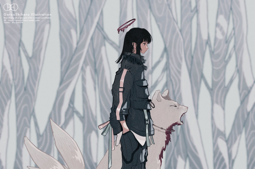 1girl animal barbed_wire bare_tree black_eyes black_hair black_jacket blood blurry blurry_background closed_eyes closed_mouth copyright_request dark_halo dripping fox gotou_shiharu halo hand_in_pocket highres jacket multiple_tails official_art open_mouth outdoors tail teeth tree twitter_username winter_clothes