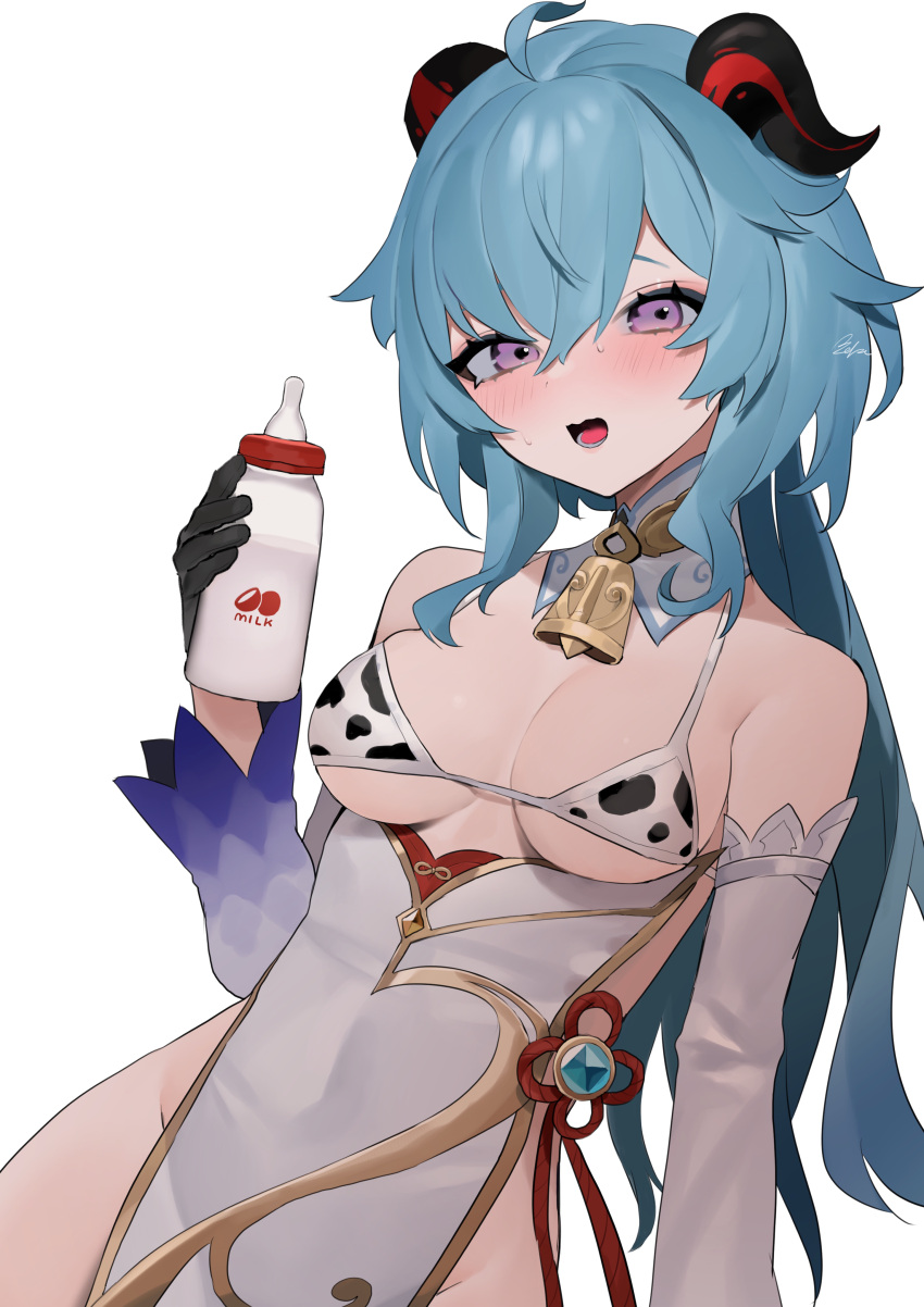 1girl absurdres ahoge baby_bottle bangs bare_shoulders bebe_pp bikini black_gloves blue_hair bottle breasts commentary_request curled_horns detached_collar detached_sleeves ganyu_(genshin_impact) genshin_impact gloves goat_horns hair_between_eyes hand_up highres holding holding_bottle horns long_hair looking_at_viewer lower_teeth milk no_panties open_mouth simple_background solo sweat swimsuit tongue under_boob violet_eyes vision_(genshin_impact) wavy_mouth white_background white_bikini