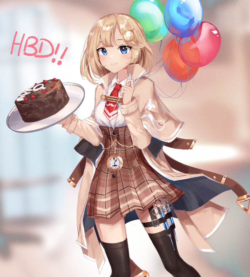 1girl absurdres balloon blonde_hair blue_eyes blurry blurry_background breasts cake capelet collared_shirt dayshiart english_commentary food happy_birthday high-waist_skirt highres holding holding_balloon holding_tray hololive hololive_english medium_breasts medium_hair pocket_watch shirt shirt_tucked_in skirt smile solo syringe thigh-highs thigh_strap tray virtual_youtuber watch watson_amelia white_shirt