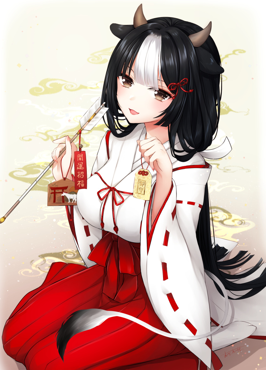 1girl :d absurdres animal_ears arrow_(projectile) bangs black_hair blush breasts brown_eyes chinese_zodiac commentary_request cow_ears cow_girl cow_horns cow_tail ema eyebrows_behind_hair hair_ornament hakama hamaya hands_up highres holding holding_arrow horns japanese_clothes kimono large_breasts long_sleeves looking_at_viewer miko multicolored_hair nengajou new_year omoomomo open_mouth original red_hakama ribbon-trimmed_sleeves ribbon_trim signature sitting smile socks solo tabi tail two-tone_hair wariza white_hair white_kimono white_legwear wide_sleeves year_of_the_ox