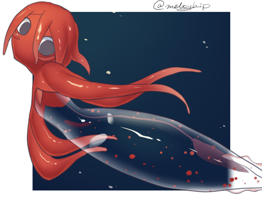 1girl akira_(meltyhip) black_eyes colored_skin from_side looking_at_viewer looking_to_the_side monster_girl navel no_mouth original red_skin redhead solo squid squid_girl tentacle_hair tentacles transparent_skin twitter_username underwater wide-eyed