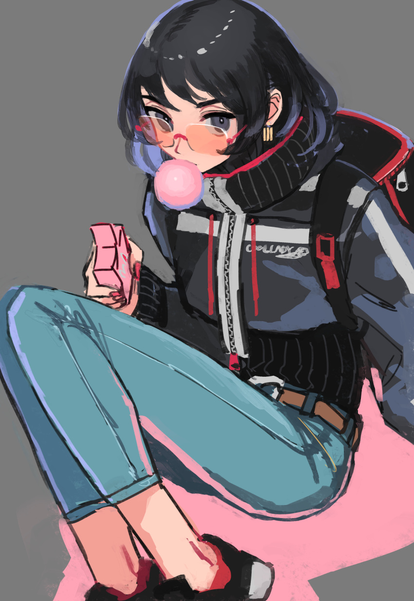 1girl belt black_eyes black_hair blue_legwear bubble_blowing chewing_gum drawstring earrings grey_background highres jewelry knees_up long_sleeves original shoes short_hair solo tinted_eyewear window1228