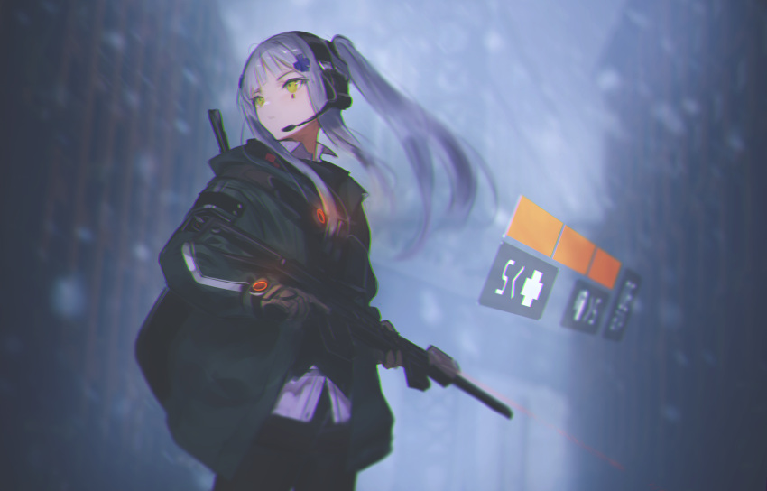 1girl absurdres agent_416_(girls_frontline) bangs black_shorts blunt_bangs blurry blurry_background brown_gloves facial_mark girls_frontline gloves green_eyes green_jacket gun hair_ornament hara_shoutarou headphones headset highres hk416_(girls_frontline) holding holding_gun holding_weapon jacket long_hair ponytail shorts silver_hair solo teardrop tom_clancy's_the_division weapon