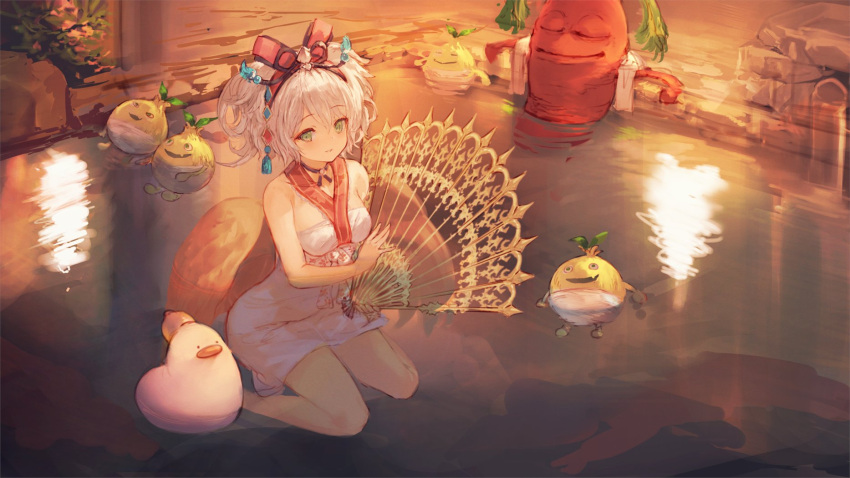 1girl bangs barefoot breasts carrot character_request check_character closed_mouth dress eyebrows_visible_through_hair fan green_eyes hair_between_eyes hair_ornament hair_ribbon highres holding holding_fan indoors looking_at_viewer medium_breasts n.a. onion onsen original red_ribbon reflective_water ribbon short_hair silver_hair sitting smile solo stuffed_animal stuffed_toy symbol_commentary twintails wariza water white_dress