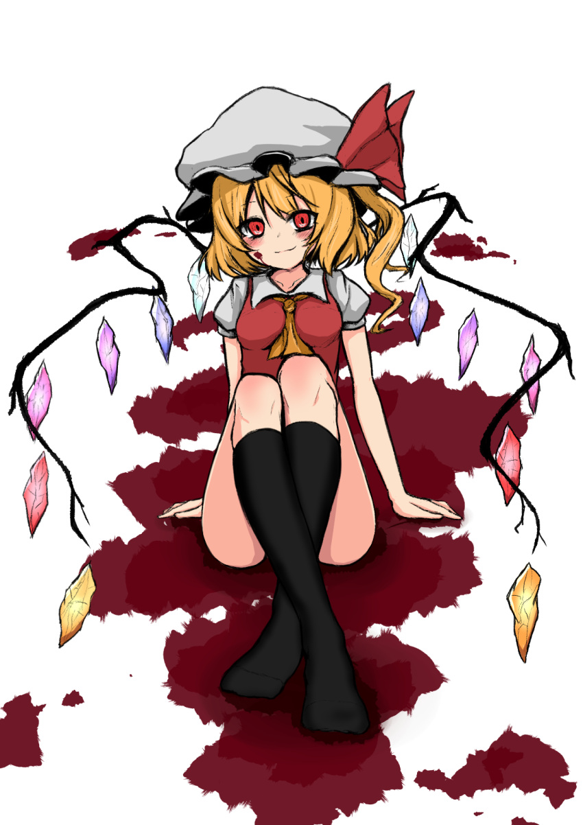 1girl arm_support ascot black_legwear blonde_hair blood blood_on_face blood_on_ground blush breasts closed_mouth collared_shirt convenient_censoring eyebrows_visible_through_hair flandre_scarlet full_body hat highres ikusu_(ikustasy) kneehighs looking_at_viewer medium_hair mob_cap no_pants no_shoes orange_ascot rainbow_order red_eyes red_ribbon red_vest ribbon shirt short_sleeves sitting small_breasts smile solo touhou vest white_background white_headwear white_shirt wings
