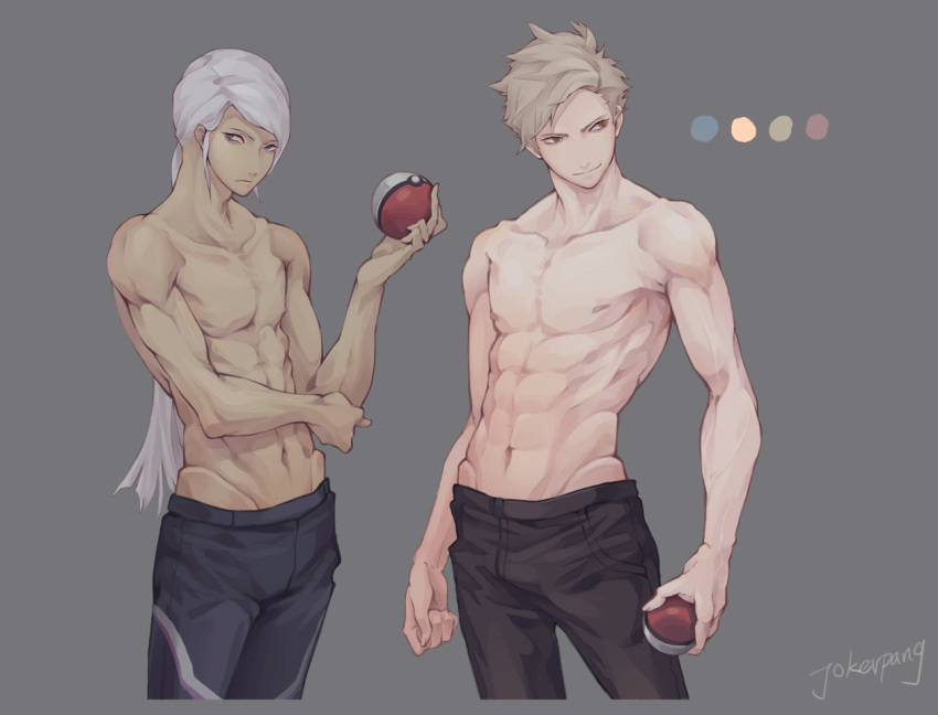 2boys areolae black_pants blanche_(pokemon) blonde_hair blue_eyes brown_eyes closed_mouth collarbone cowboy_shot dark_skin dark_skinned_male english_commentary genderswap genderswap_(ftm) grey_background groin holding holding_poke_ball jokerpang long_hair looking_at_viewer looking_to_the_side male_focus multiple_boys navel nipples pants photoshop_(medium) poke_ball poke_ball_(basic) pokemon pokemon_(game) pokemon_go shirtless short_hair signature simple_background smile spark_(pokemon) standing toned toned_male veins white_hair