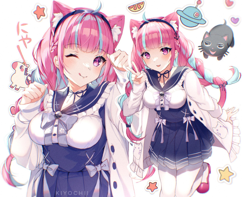 1girl ;q ahoge animal_ear_fluff animal_ears aqua_hair artist_name bangs black_cat black_hairband blue_sailor_collar blue_skirt blunt_bangs blush braid breasts cardigan cat cat_ears cat_girl cat_tail choker collage colored_inner_hair dojikko_pose eyebrows_visible_through_hair fingernails hairband highres hololive kagura_mea_channel kiyochii long_hair medium_breasts minato_aqua multicolored_hair one_eye_closed open_cardigan open_clothes pink_footwear pleated_skirt purple_hair ribbon ribbon_choker sailor_collar skirt solo_focus streaked_hair tail tail_ornament tail_ribbon tied_hair tongue tongue_out twin_braids two-tone_hair v violet_eyes virtual_youtuber watermark white_cardigan