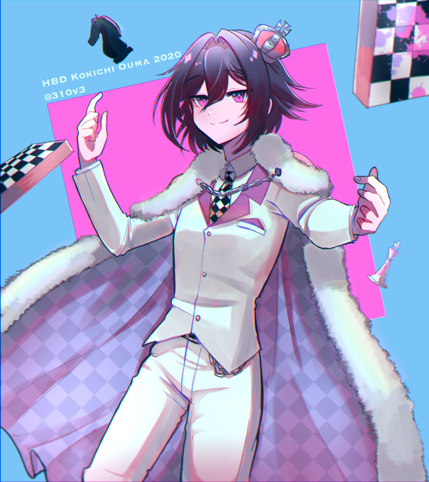 1boy 2020 310v3 absurdres alternate_costume bad_hand bangs black_hair chain character_name checkered checkered_scarf chess_piece chessboard collared_shirt commentary cowboy_shot crown dangan_ronpa_(series) dangan_ronpa_v3:_killing_harmony eyebrows_visible_through_hair fur-trimmed_jacket fur_trim hair_between_eyes hair_intakes hand_up highres index_finger_raised jacket long_sleeves looking_at_viewer male_focus mini_crown necktie ouma_kokichi pants pink_eyes royal_robe scarf shirt short_hair smile solo tilted_headwear unmoving_pattern white_jacket white_pants white_shirt