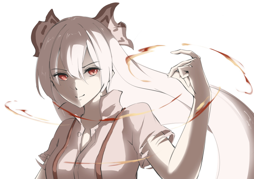 1girl bangs bow buttons closed_mouth collarbone eyebrows_visible_through_hair fire fujiwara_no_mokou hair_between_eyes hair_bow high_collar highres long_hair looking_at_viewer multicolored_bow otomeza_ryuseigun pyrokinesis red_bow red_eyes short_sleeves simple_background smile solo suspenders touhou upper_body v-shaped_eyebrows white_background white_bow white_hair