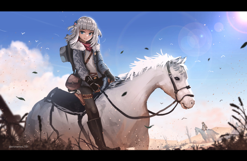 3girls adapted_costume anonamos bandana bandolier belt belt_pouch black_gloves blue_eyes blue_jacket blue_sky blurry blurry_foreground blush boots cactus character_request clouds cloudy_sky cowboy day depth_of_field desert dust fingerless_gloves flock fur-trimmed_jacket fur_trim gawr_gura gloves hat hat_on_back highres hololive hololive_english holstered_weapon horse horseback_riding jacket knee_boots leaves_in_wind lens_flare long_hair looking_at_viewer mountainous_horizon multiple_girls outdoors pouch red_dead_redemption reins revolver riding saguaro silver_hair skirt sky smile sun twitter_username two_side_up virtual_youtuber watson_amelia weeds western white_horse wind