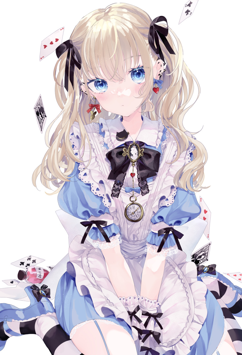 1girl alice_in_wonderland apron bangs between_legs black_bow black_legwear black_neckwear black_ribbon blonde_hair blue_dress blue_eyes blue_footwear blush bow bowtie brooch card closed_mouth commentary_request dress ear_piercing earrings eyebrows_visible_through_hair floating_card frilled_shirt_collar frills garter_straps hair_between_eyes hair_ribbon hand_between_legs heart heart_earrings high_heels highres jewelry looking_at_viewer original piercing playing_card puffy_short_sleeves puffy_sleeves remimim ribbon short_sleeves simple_background sitting solo striped striped_legwear thigh-highs twintails v_arms wariza watch white_apron white_background white_legwear