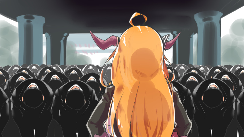 1girl ahoge black_hair black_jacket black_pants black_suit bow bowing bowtie collared_shirt commentary_request dragon_girl dragon_horns facing_another formal from_behind hands_on_hips highres hololive horns jacket kiryuu_coco long_hair long_sleeves looking_at_another multiple_boys orange_hair outdoors pants shirt short_hair striped striped_bow upper_body virtual_youtuber white_shirt yuyaiyaui