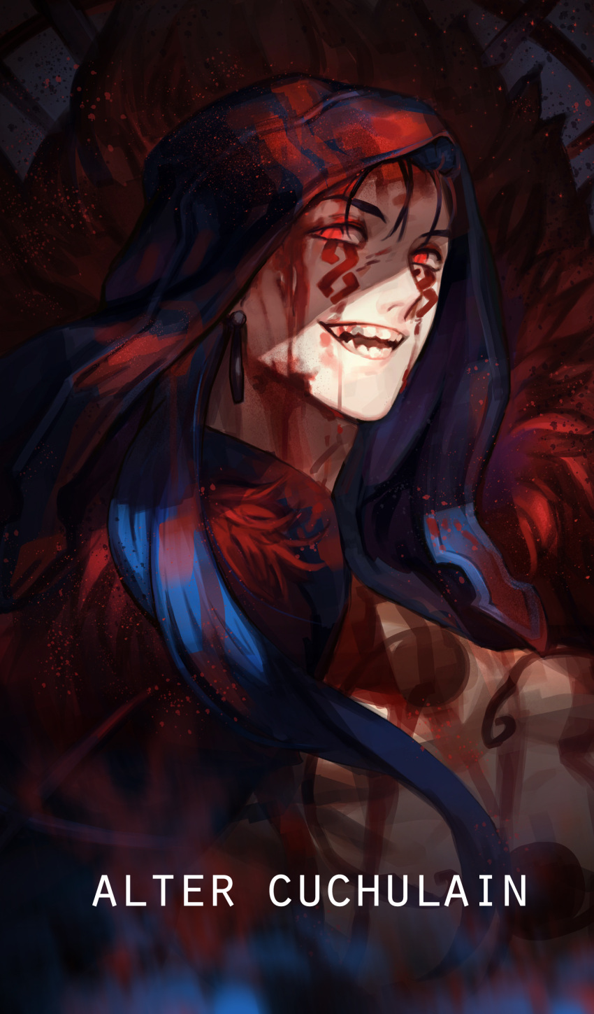 1boy absurdres blood blood_on_face blue_hair bodypaint bok character_name close-up cu_chulainn_(fate)_(all) cu_chulainn_alter_(fate/grand_order) dark_persona earrings facepaint fate/grand_order fate_(series) fur grin highres hood hood_up jewelry long_hair male_focus open_mouth red_eyes sharp_teeth slit_pupils smile solo teeth type-moon