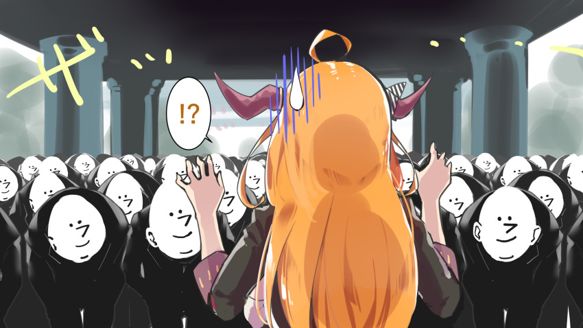 !? 1girl ahoge black_jacket black_pants black_suit bow bowing bowtie collared_shirt commentary_request dragon_girl dragon_horns emoticon formal from_behind hands_up highres hololive horns jacket kiryuu_coco long_hair long_sleeves looking_at_another multiple_boys orange_hair outdoors pants shirt striped striped_bow sweatdrop upper_body virtual_youtuber white_shirt yuyaiyaui
