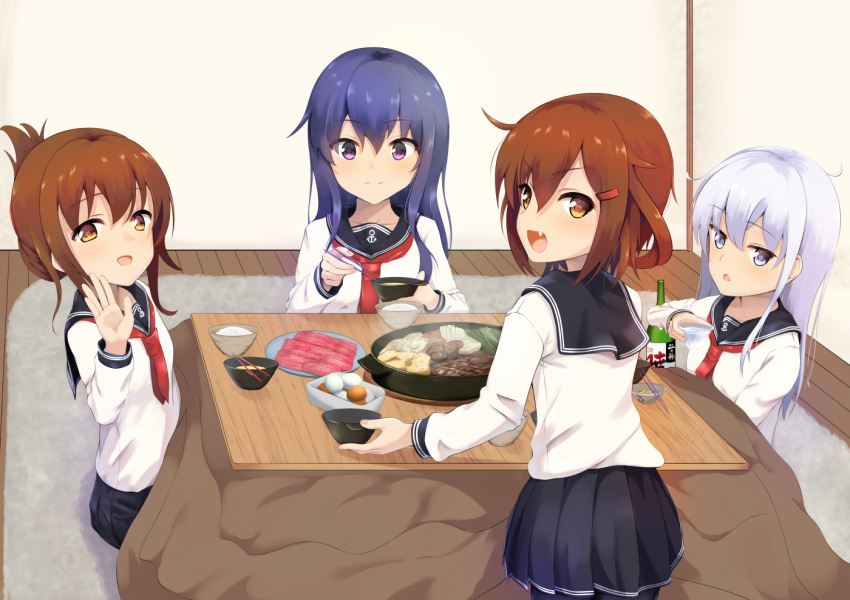 4girls akatsuki_(kantai_collection) alcohol anchor_symbol black_legwear black_sailor_collar black_skirt blue_eyes blush bowl brown_eyes brown_hair chopsticks closed_mouth collarbone eyebrows_visible_through_hair fang hair_between_eyes hibiki_(kantai_collection) holding holding_bowl holding_chopsticks ikazuchi_(kantai_collection) inazuma_(kantai_collection) kantai_collection kotatsu long_hair long_sleeves multiple_girls nabe neckerchief no_hat no_headwear ochikata_kage open_mouth pleated_skirt purple_hair red_neckwear rice rice_bowl sailor_collar sake school_uniform serafuku silver_hair skirt smile table thigh-highs violet_eyes